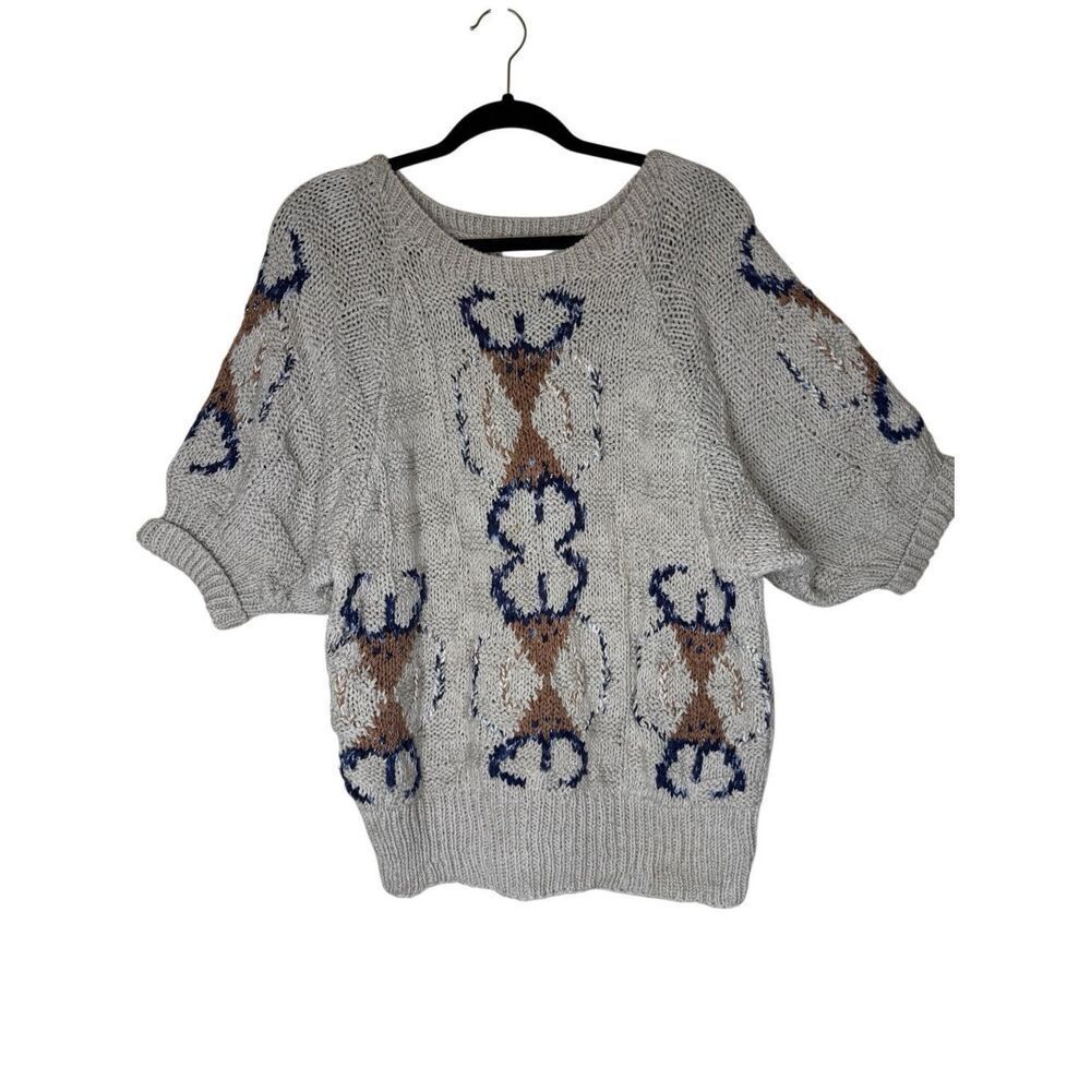 Vintage Lauren Hansen Linen Blend Sweater Tan/Blue/Rust Elbow Sleeve Sz M 80’s